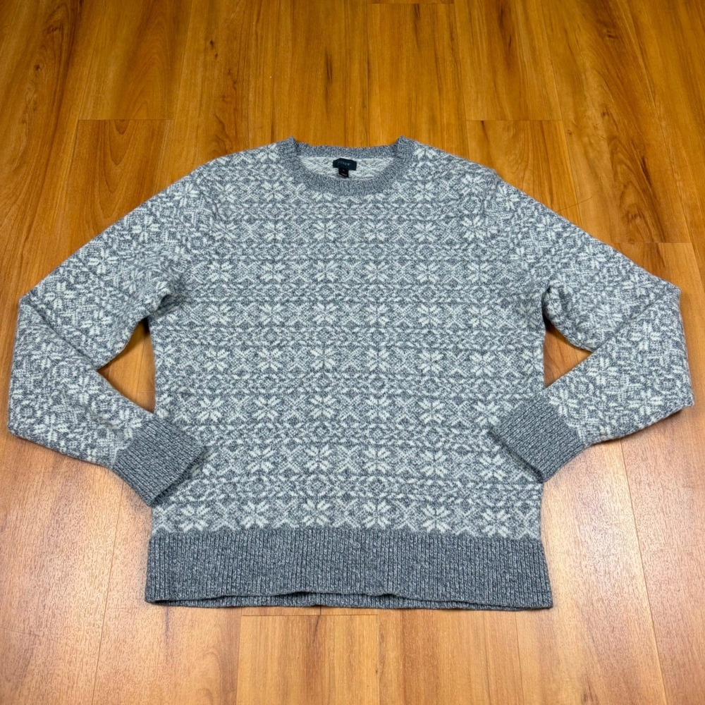 J.Crew Mens Grey Fair Isle Snowflake 100% Lambswool Sweater B5825 Large